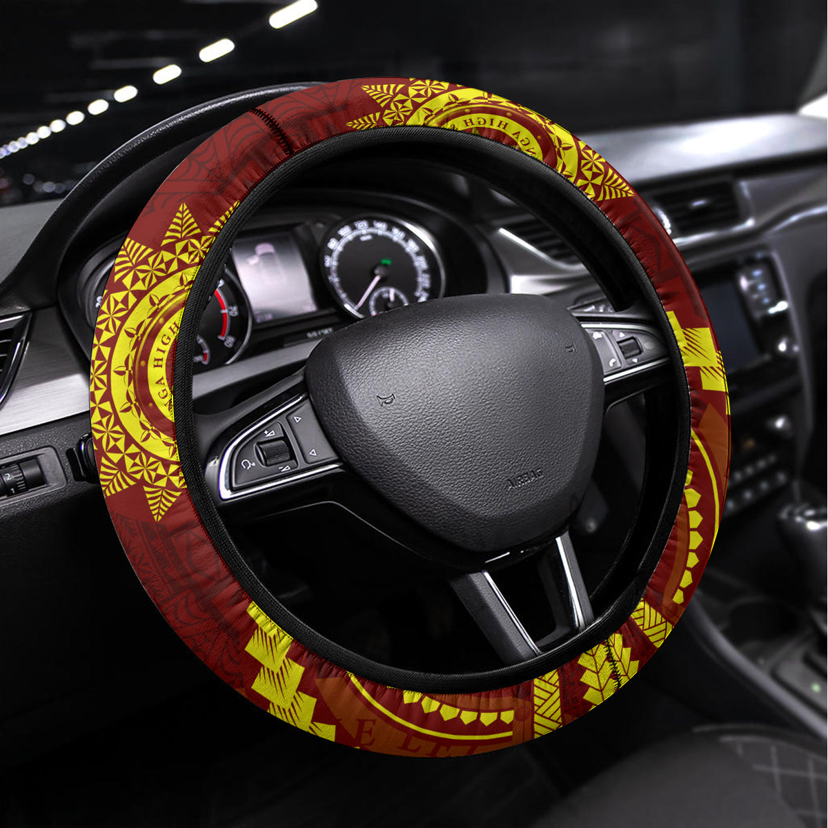 Tonga High School Steering Wheel Cover Ngatu and Polynesian Pattern LT03 Universal Fit Red - Polynesian Pride