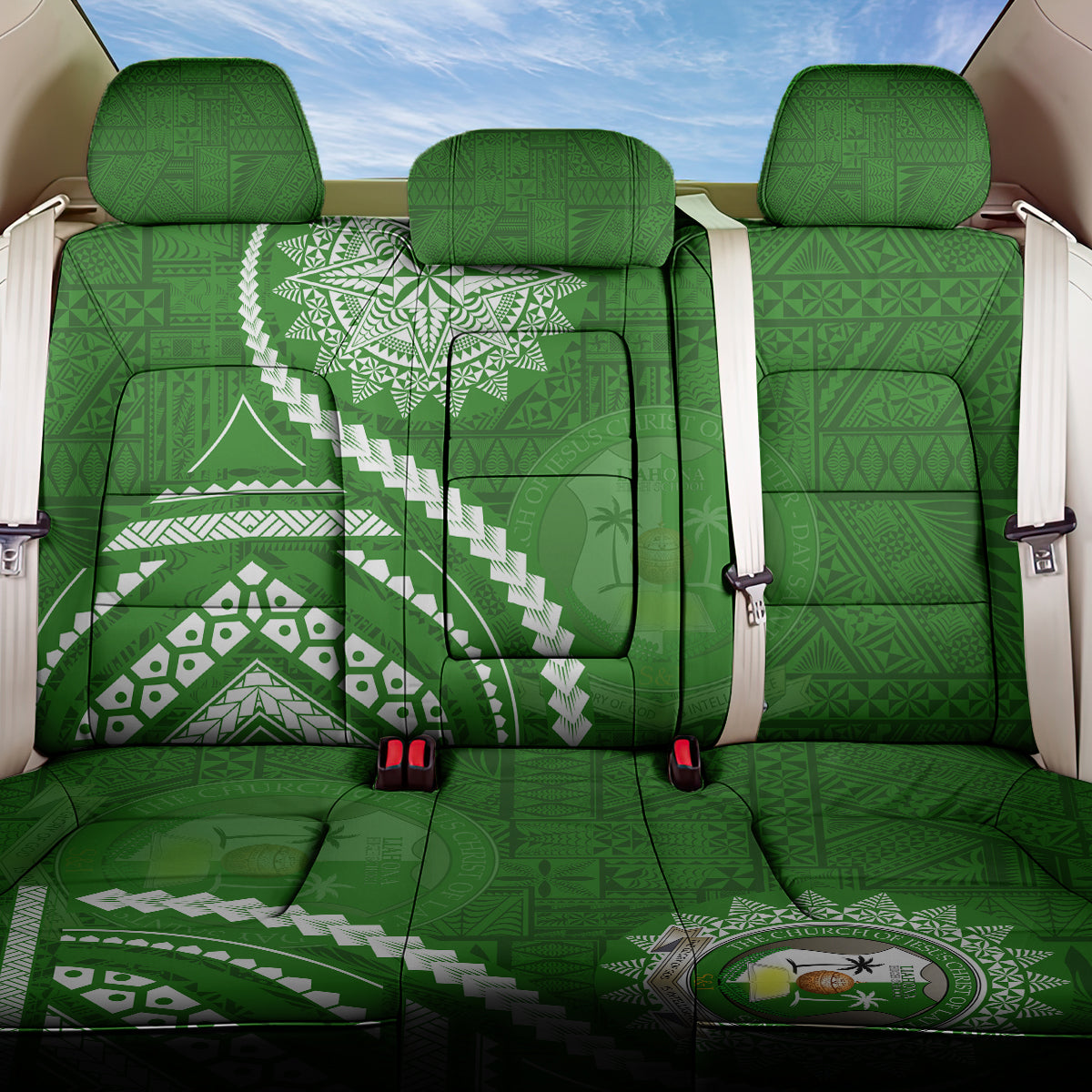 Liahona High School Back Car Seat Cover Ngatu and Polynesian Pattern LT03 One Size Green - Polynesian Pride