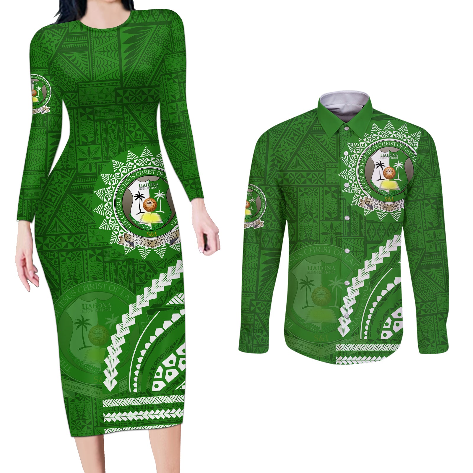 Liahona High School Couples Matching Long Sleeve Bodycon Dress and Long Sleeve Button Shirt Ngatu and Polynesian Pattern