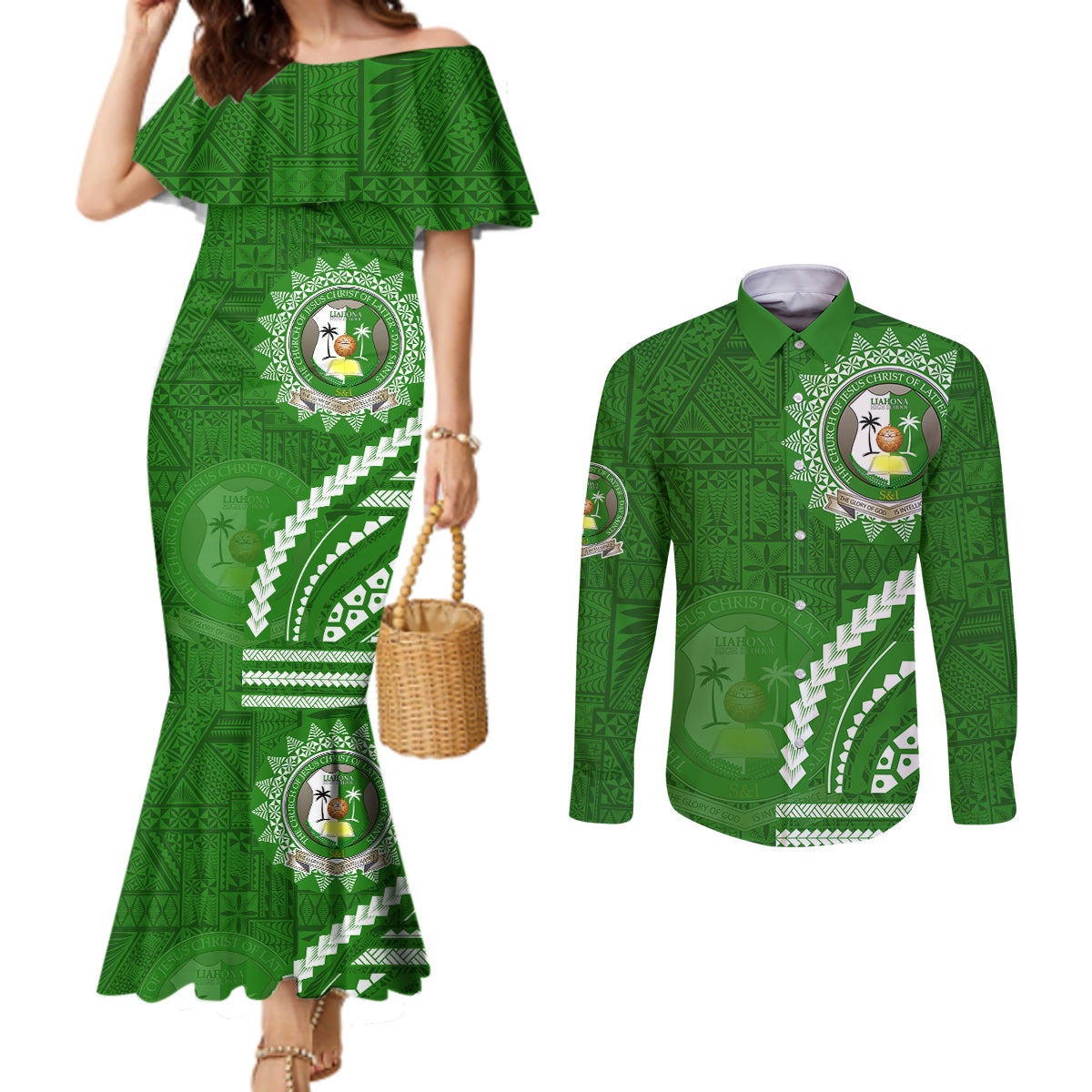 Liahona High School Couples Matching Mermaid Dress and Long Sleeve Button Shirt Ngatu and Polynesian Pattern