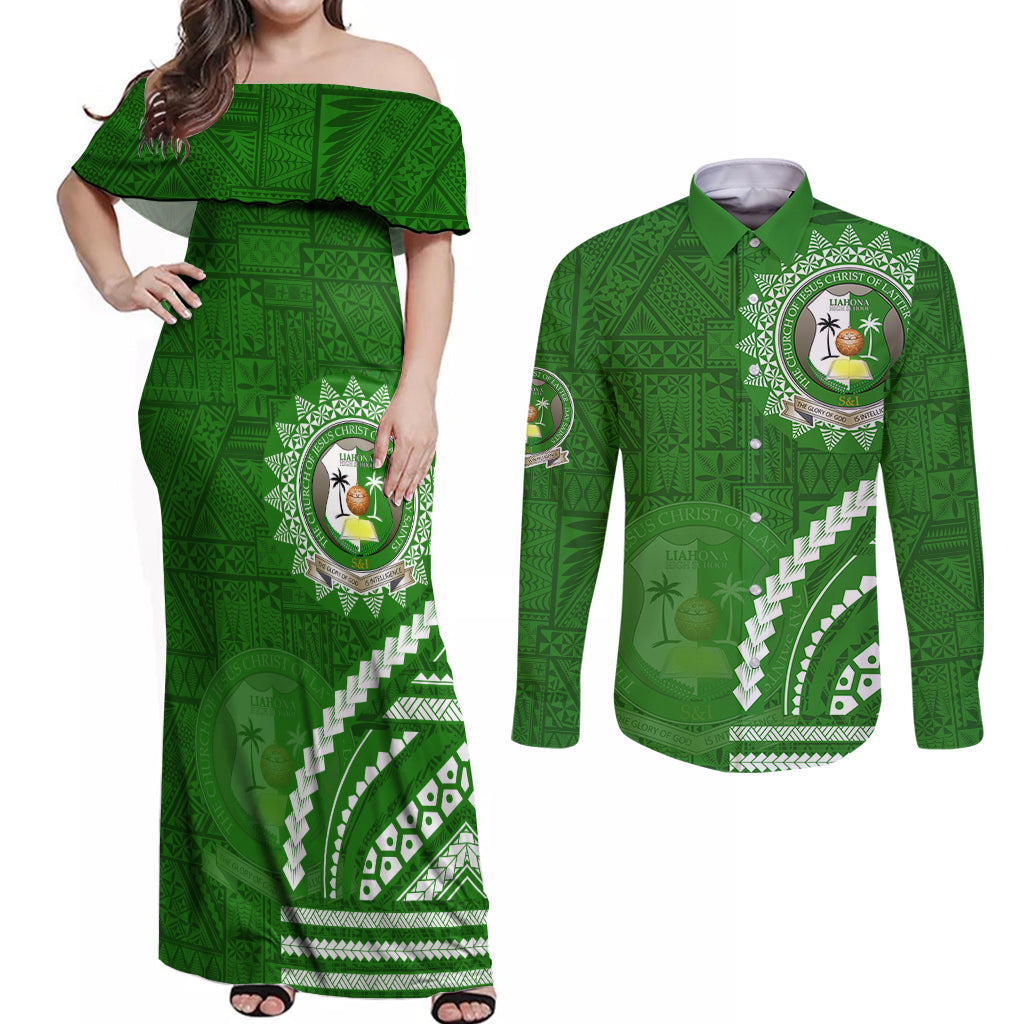 Liahona High School Couples Matching Off Shoulder Maxi Dress and Long Sleeve Button Shirt Ngatu and Polynesian Pattern