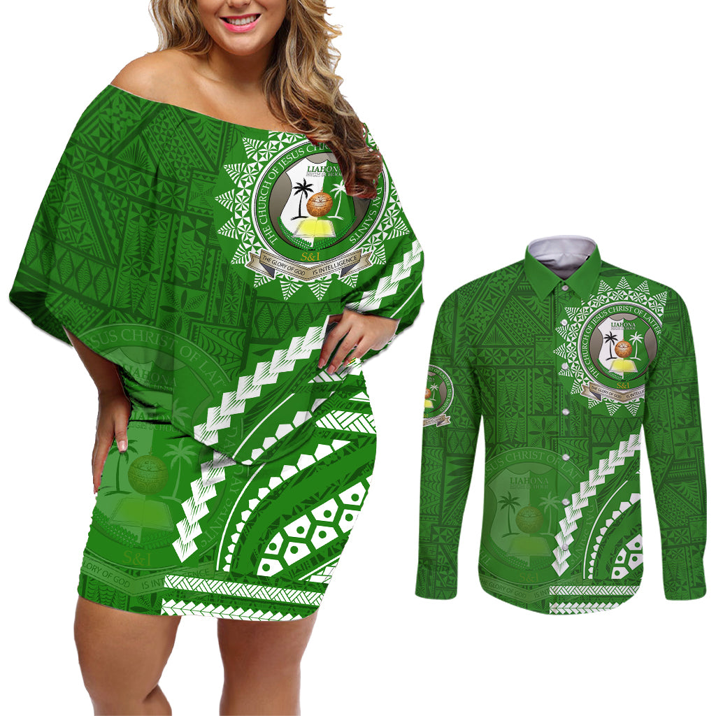 Liahona High School Couples Matching Off Shoulder Short Dress and Long Sleeve Button Shirt Ngatu and Polynesian Pattern