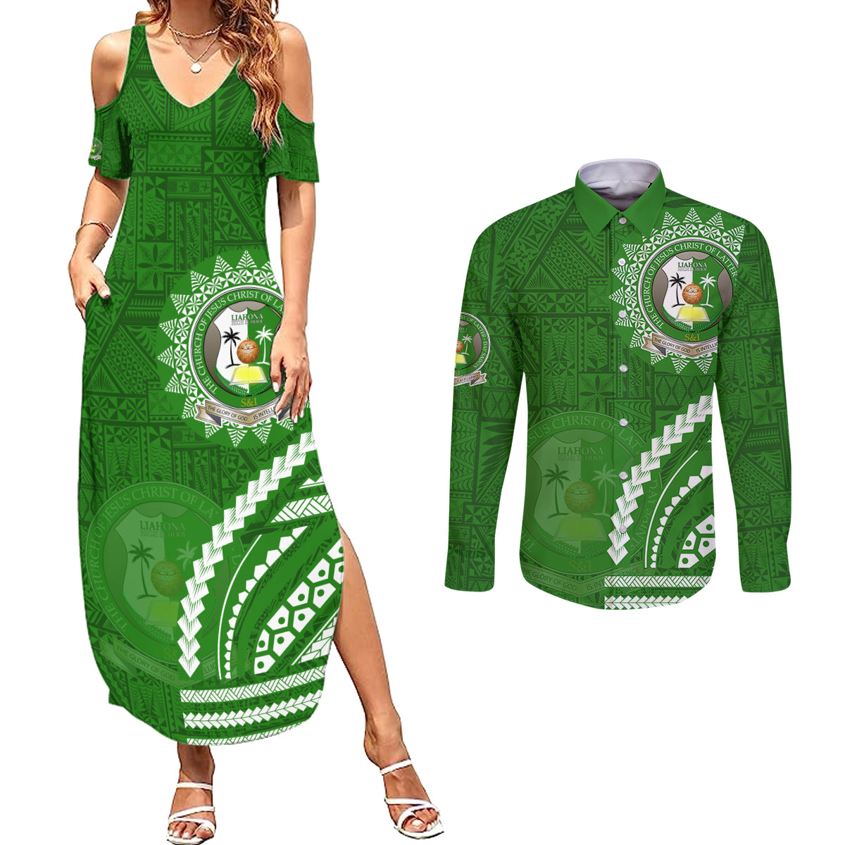 Liahona High School Couples Matching Summer Maxi Dress and Long Sleeve Button Shirt Ngatu and Polynesian Pattern