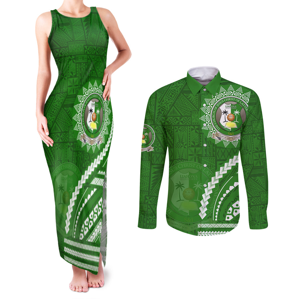 Liahona High School Couples Matching Tank Maxi Dress and Long Sleeve Button Shirt Ngatu and Polynesian Pattern