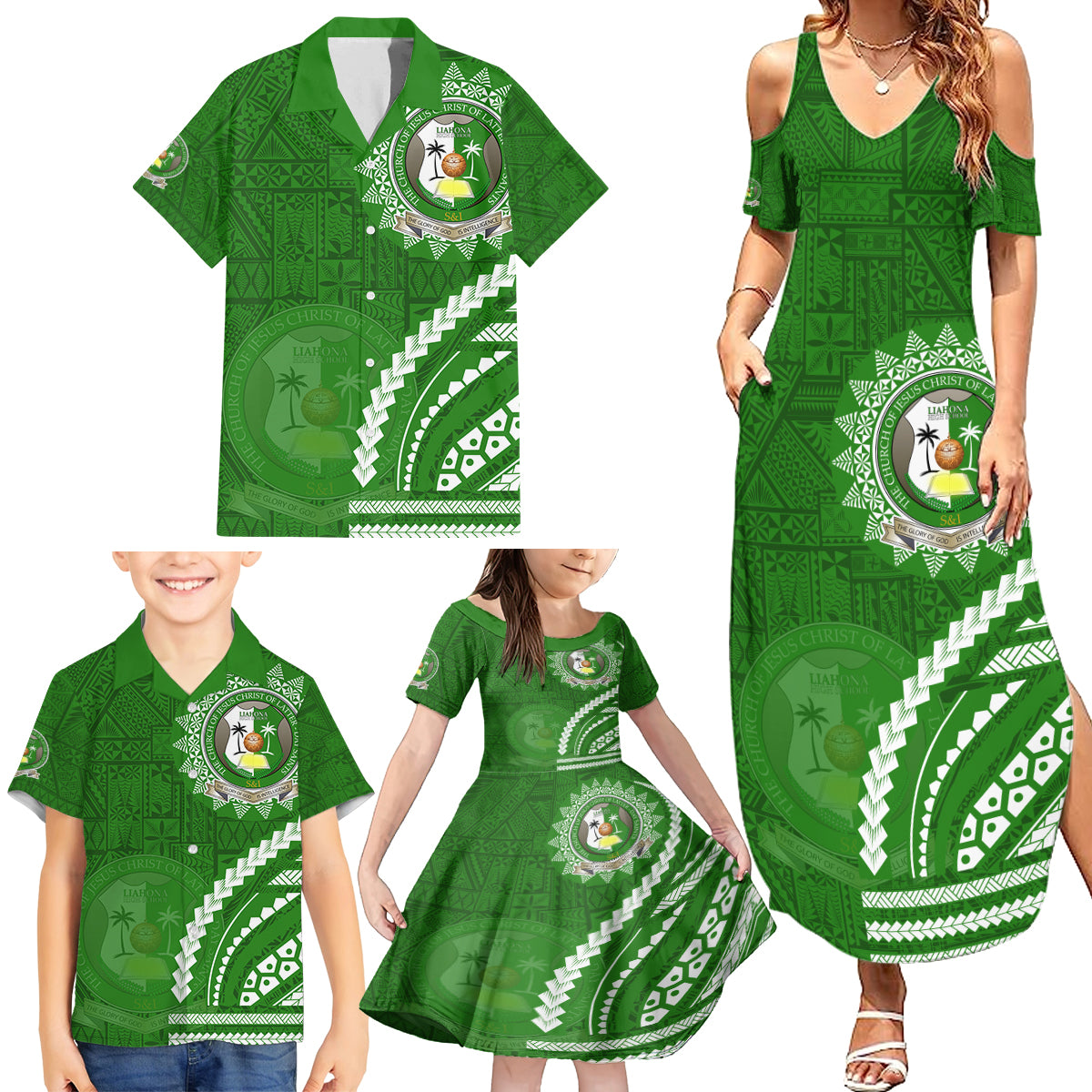 Liahona High School Family Matching Summer Maxi Dress and Hawaiian Shirt Ngatu and Polynesian Pattern