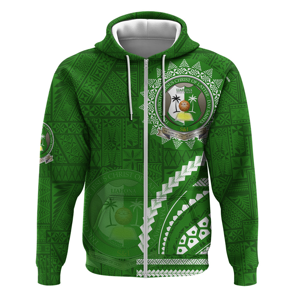 Liahona High School Hoodie Ngatu and Polynesian Pattern LT03 Zip Hoodie Green - Polynesian Pride