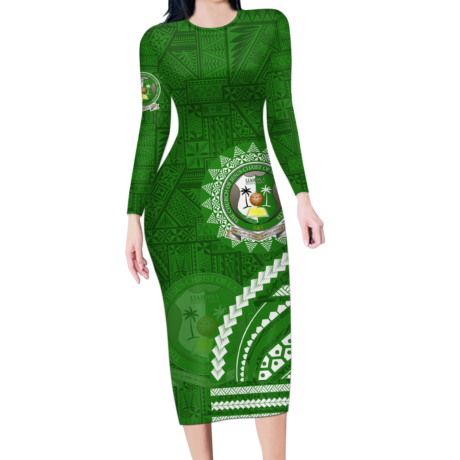 Liahona High School Long Sleeve Bodycon Dress Ngatu and Polynesian Pattern