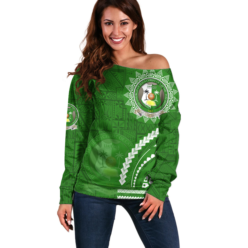 Liahona High School Off Shoulder Sweater Ngatu and Polynesian Pattern LT03 Women Green - Polynesian Pride