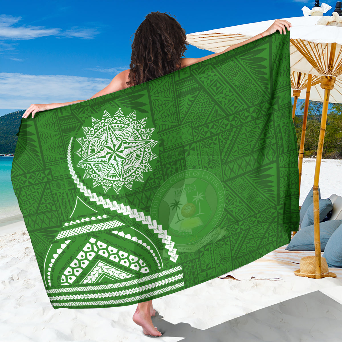 Liahona High School Sarong Ngatu and Polynesian Pattern LT03 One Size 44 x 66 inches Green - Polynesian Pride