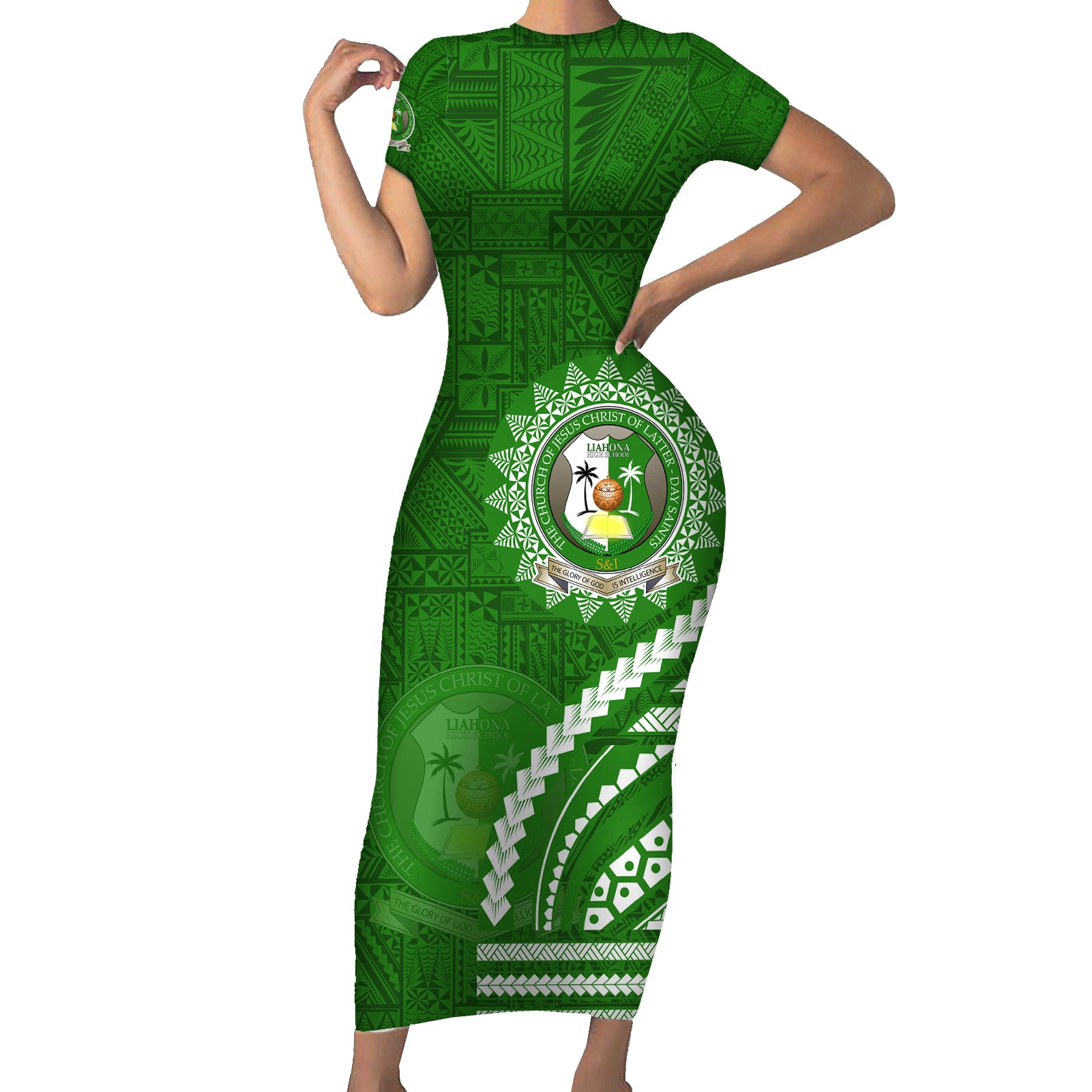 Liahona High School Short Sleeve Bodycon Dress Ngatu and Polynesian Pattern