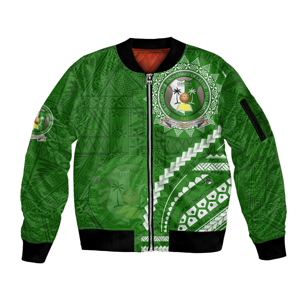 Liahona High School Sleeve Zip Bomber Jacket Ngatu and Polynesian Pattern