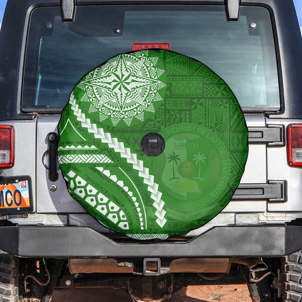 Liahona High School Spare Tire Cover Ngatu and Polynesian Pattern