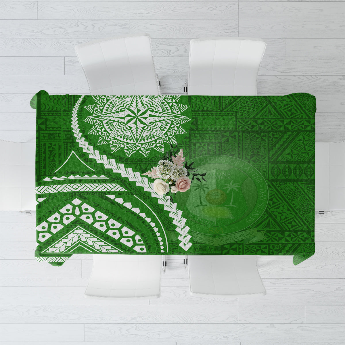 Liahona High School Tablecloth Ngatu and Polynesian Pattern LT03 Green - Polynesian Pride