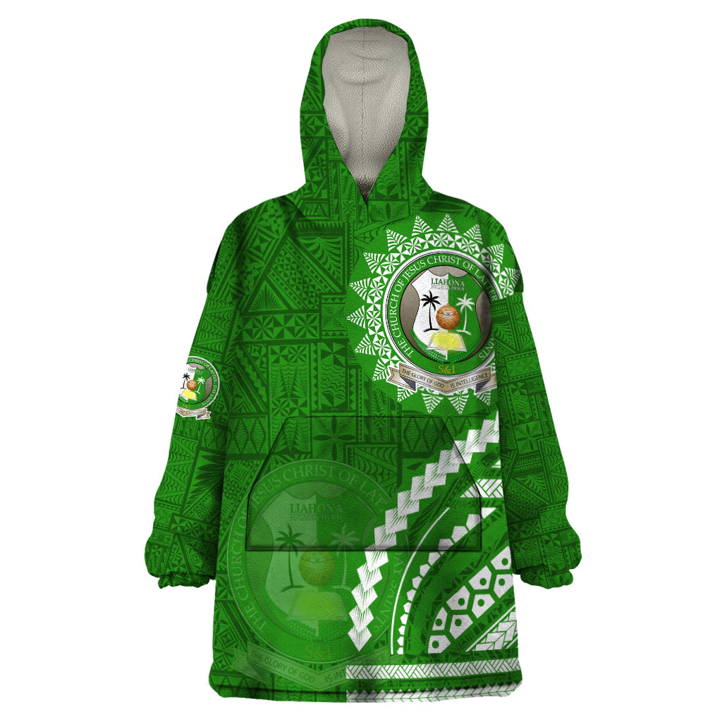 Liahona High School Wearable Blanket Hoodie Ngatu and Polynesian Pattern LT03 One Size Green - Polynesian Pride