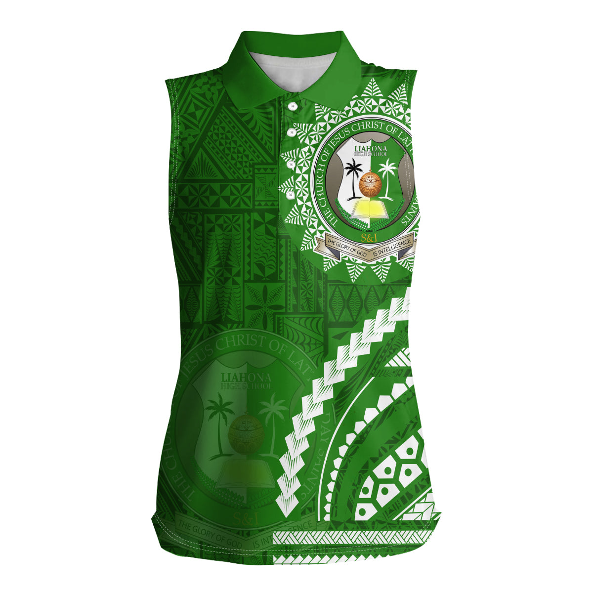 Liahona High School Women Sleeveless Polo Shirt Ngatu and Polynesian Pattern