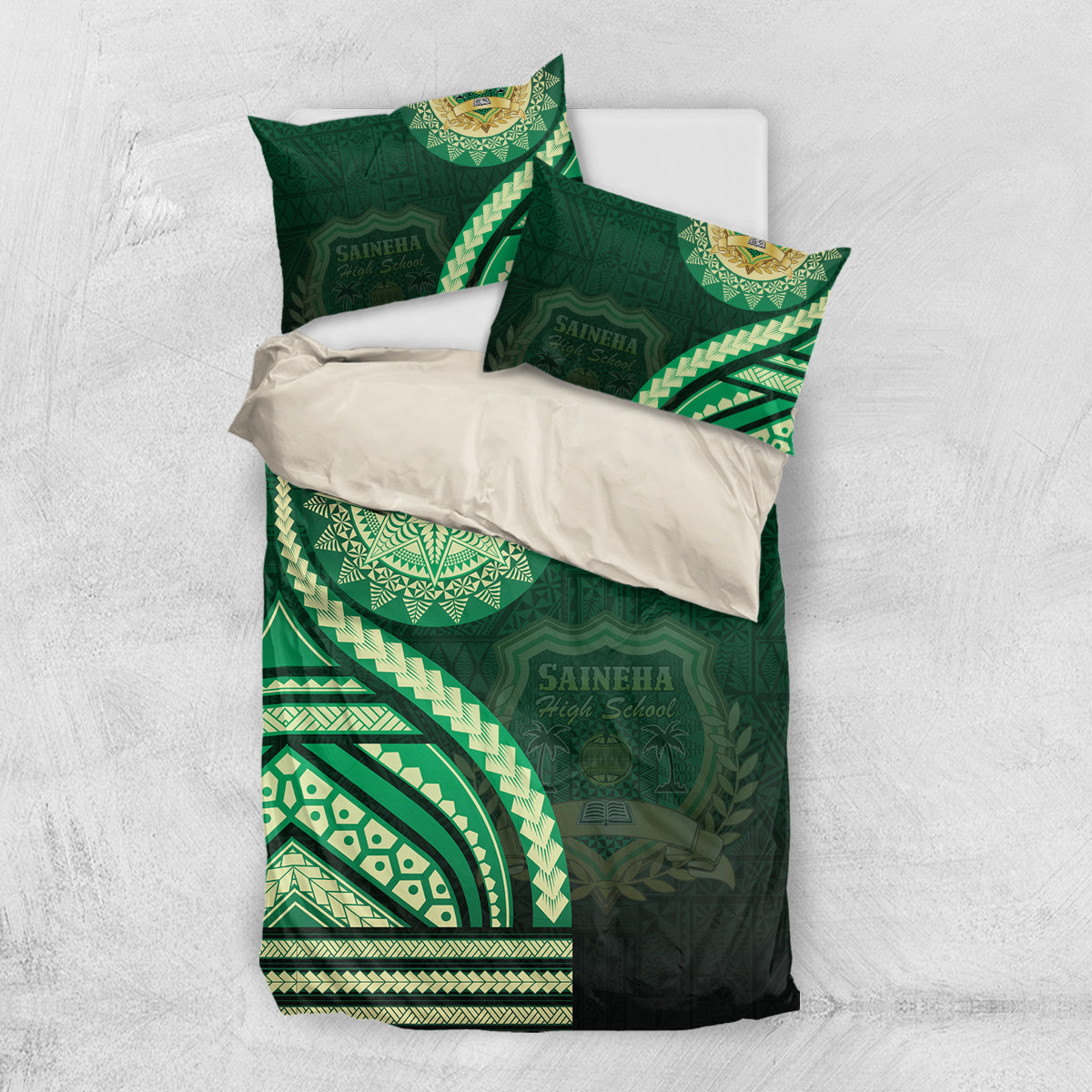 Saineha High School Bedding Set Ngatu and Polynesian Pattern LT03 US Twin 172cm x 218cm Green - Polynesian Pride