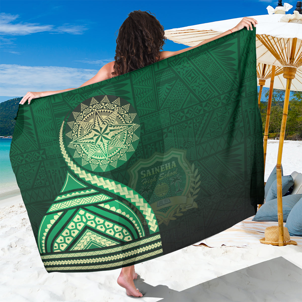 Saineha High School Sarong Ngatu and Polynesian Pattern LT03 One Size 44 x 66 inches Green - Polynesian Pride