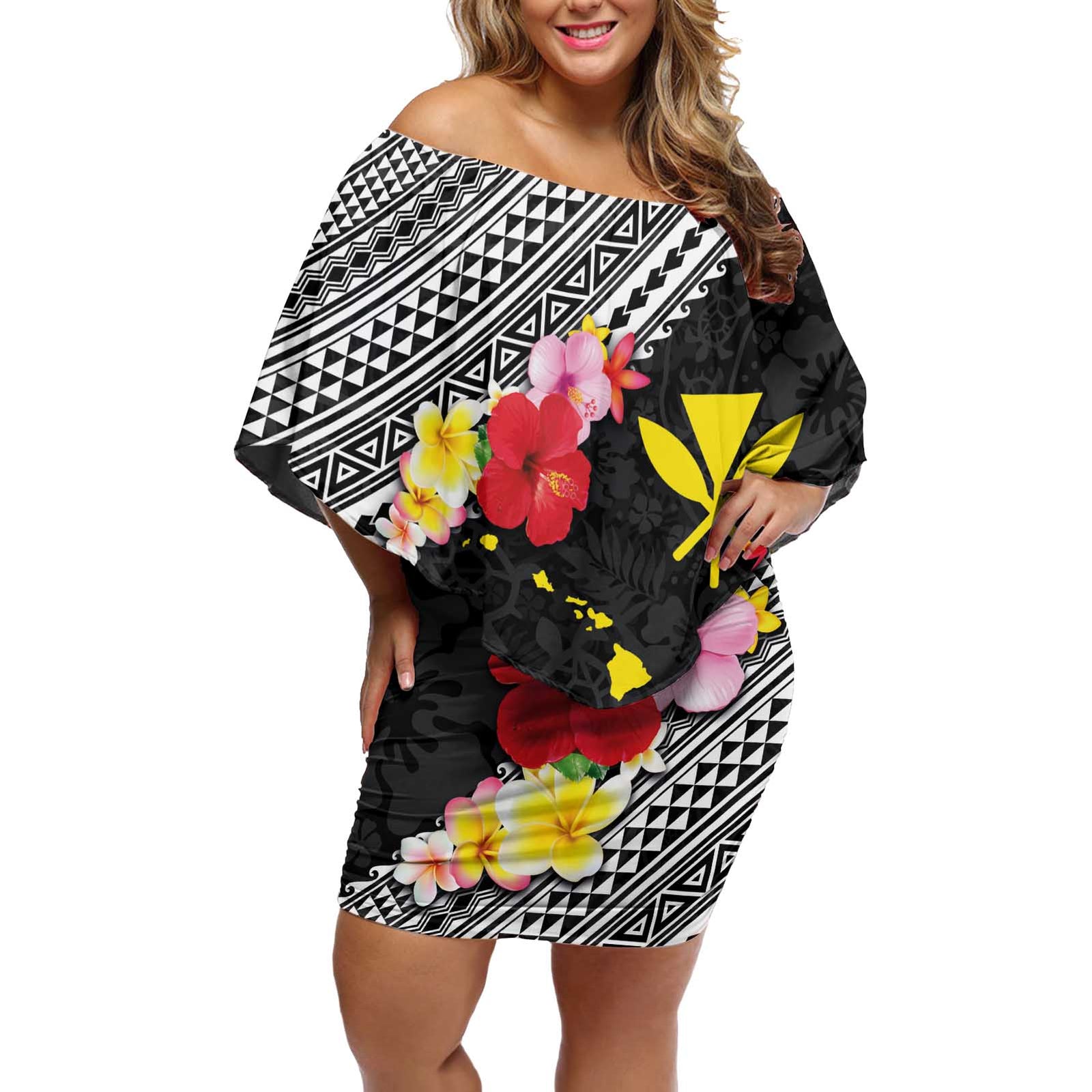 Aloha Hawaii Hibiscus and Plumeria Flowers Off Shoulder Short Dress Kanaka Maoli Tattoo Polynesian Pattern LT03 Women Black - Polynesian Pride