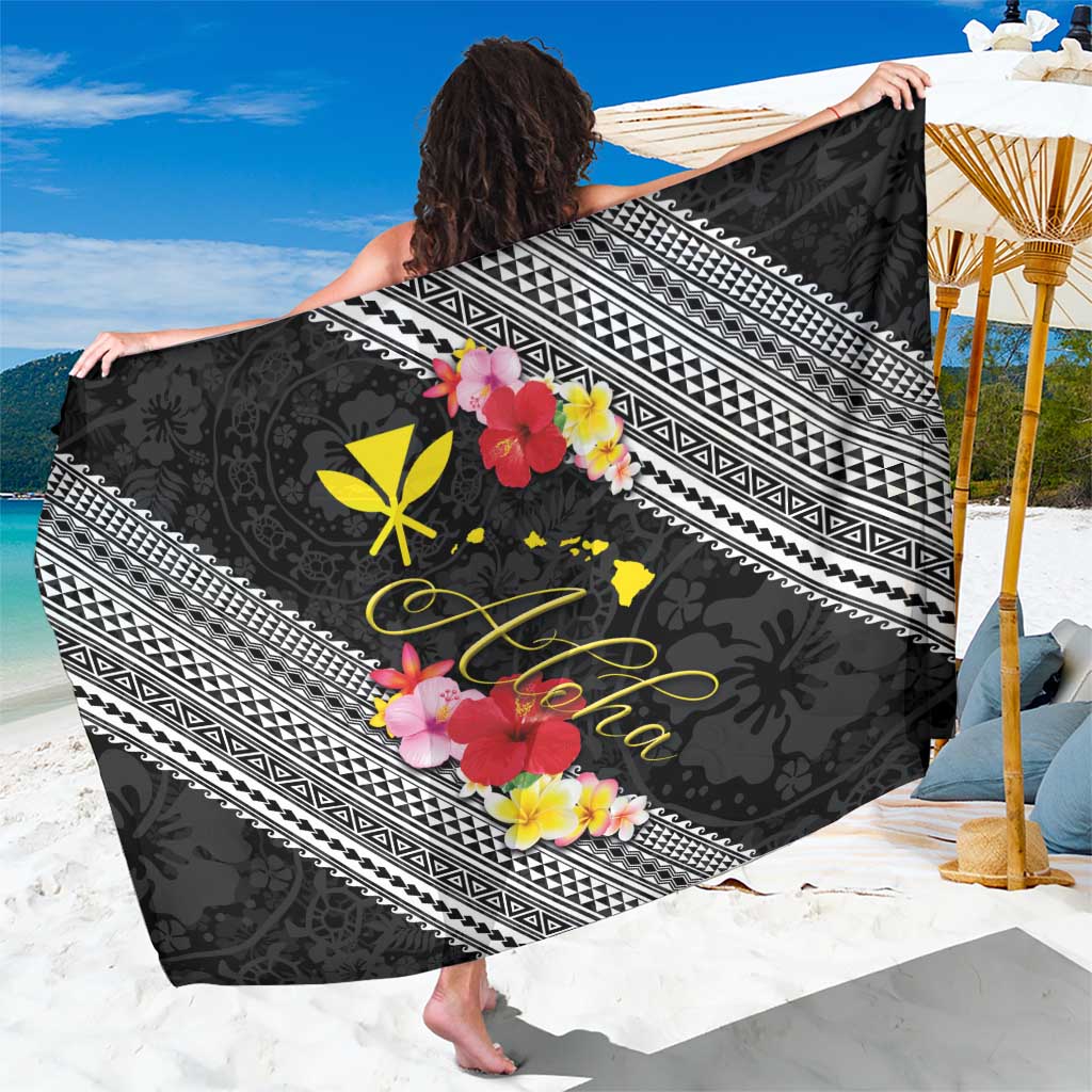 Aloha Hawaii Hibiscus and Plumeria Flowers Sarong Kanaka Maoli Tattoo Polynesian Pattern LT03 One Size 44 x 66 inches Black - Polynesian Pride