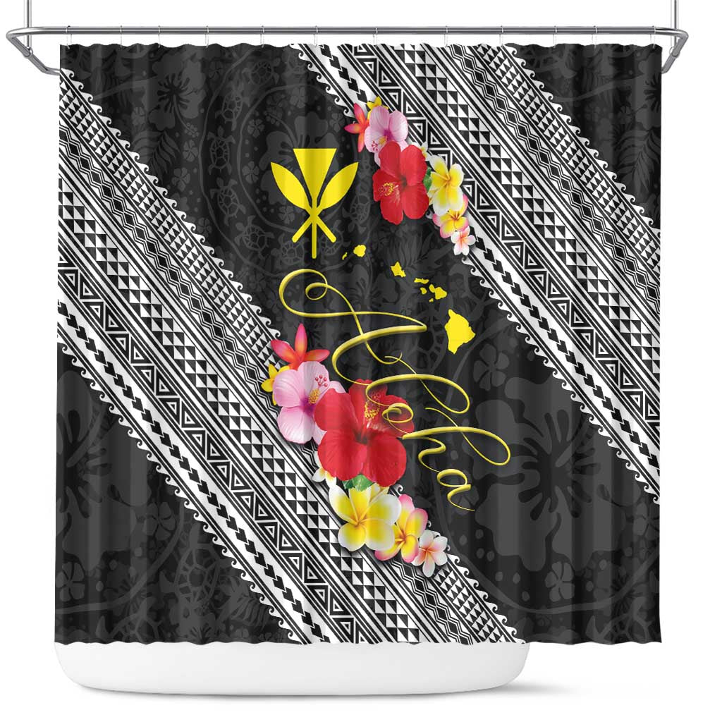 Aloha Hawaii Hibiscus and Plumeria Flowers Shower Curtain Kanaka Maoli Tattoo Polynesian Pattern