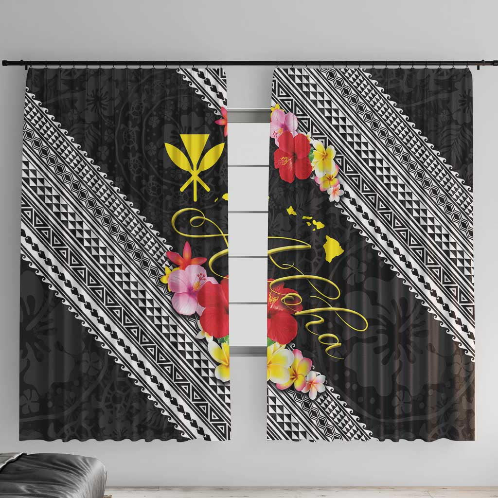 Aloha Hawaii Hibiscus and Plumeria Flowers Window Curtain Kanaka Maoli Tattoo Polynesian Pattern LT03 With Hooks Black - Polynesian Pride