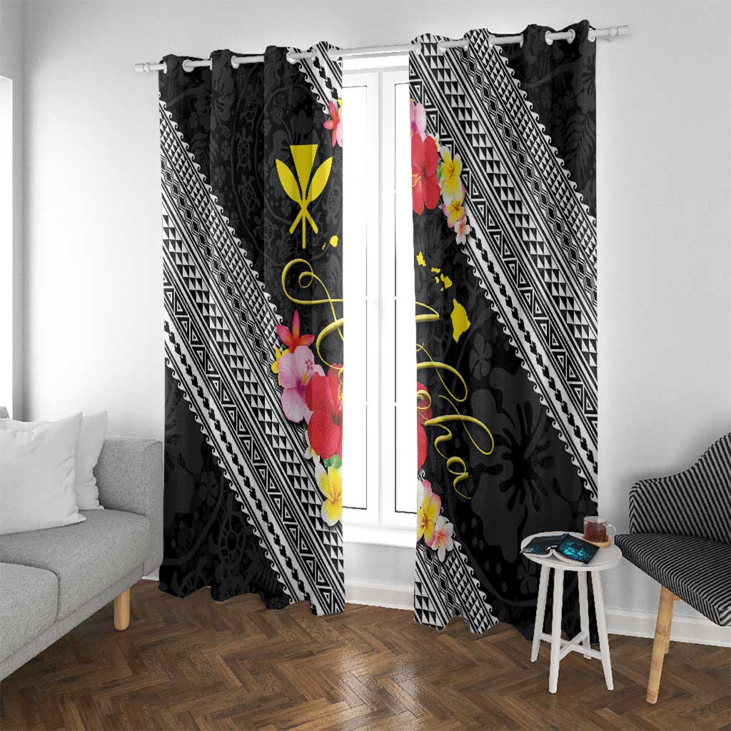 Aloha Hawaii Hibiscus and Plumeria Flowers Window Curtain Kanaka Maoli Tattoo Polynesian Pattern LT03 With Grommets Black - Polynesian Pride