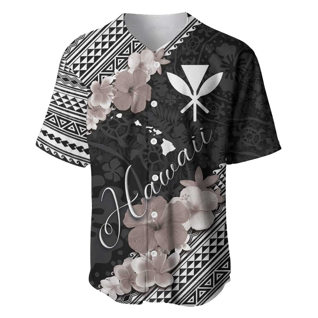 Aloha Hawaii Hibiscus and Plumeria Flowers Baseball Jersey Kanaka Maoli Tattoo Polynesian Pattern Gray Color LT03 Black - Polynesian Pride