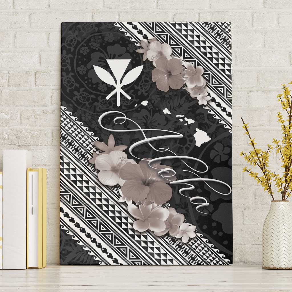 Aloha Hawaii Hibiscus and Plumeria Flowers Canvas Wall Art Kanaka Maoli Tattoo Polynesian Pattern Gray Color LT03 Without Frame Black - Polynesian Pride