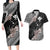 Aloha Hawaii Hibiscus and Plumeria Flowers Couples Matching Long Sleeve Bodycon Dress and Hawaiian Shirt Kanaka Maoli Tattoo Polynesian Pattern Gray Color