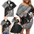 Aloha Hawaii Hibiscus and Plumeria Flowers Family Matching Off Shoulder Short Dress and Hawaiian Shirt Kanaka Maoli Tattoo Polynesian Pattern Gray Color