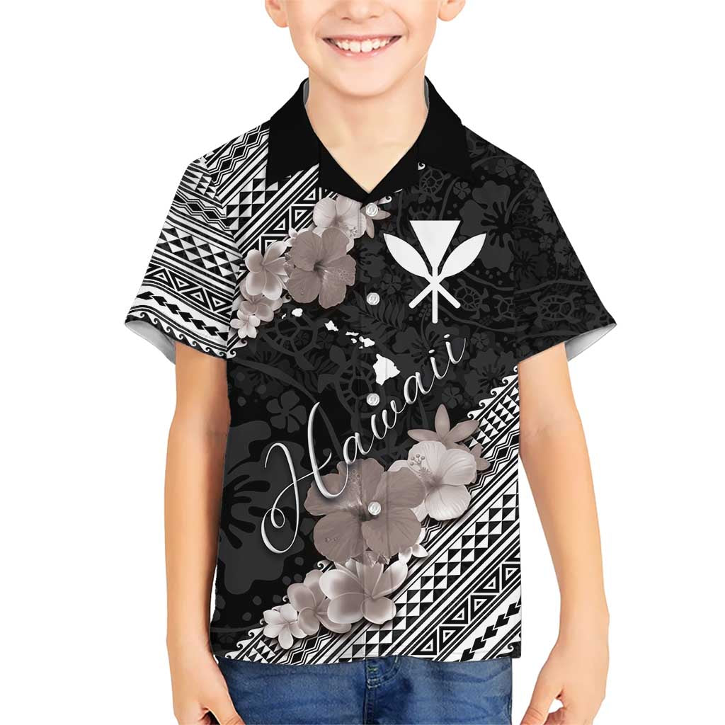 Aloha Hawaii Hibiscus and Plumeria Flowers Kid Hawaiian Shirt Kanaka Maoli Tattoo Polynesian Pattern Gray Color LT03 Kid Black - Polynesian Pride