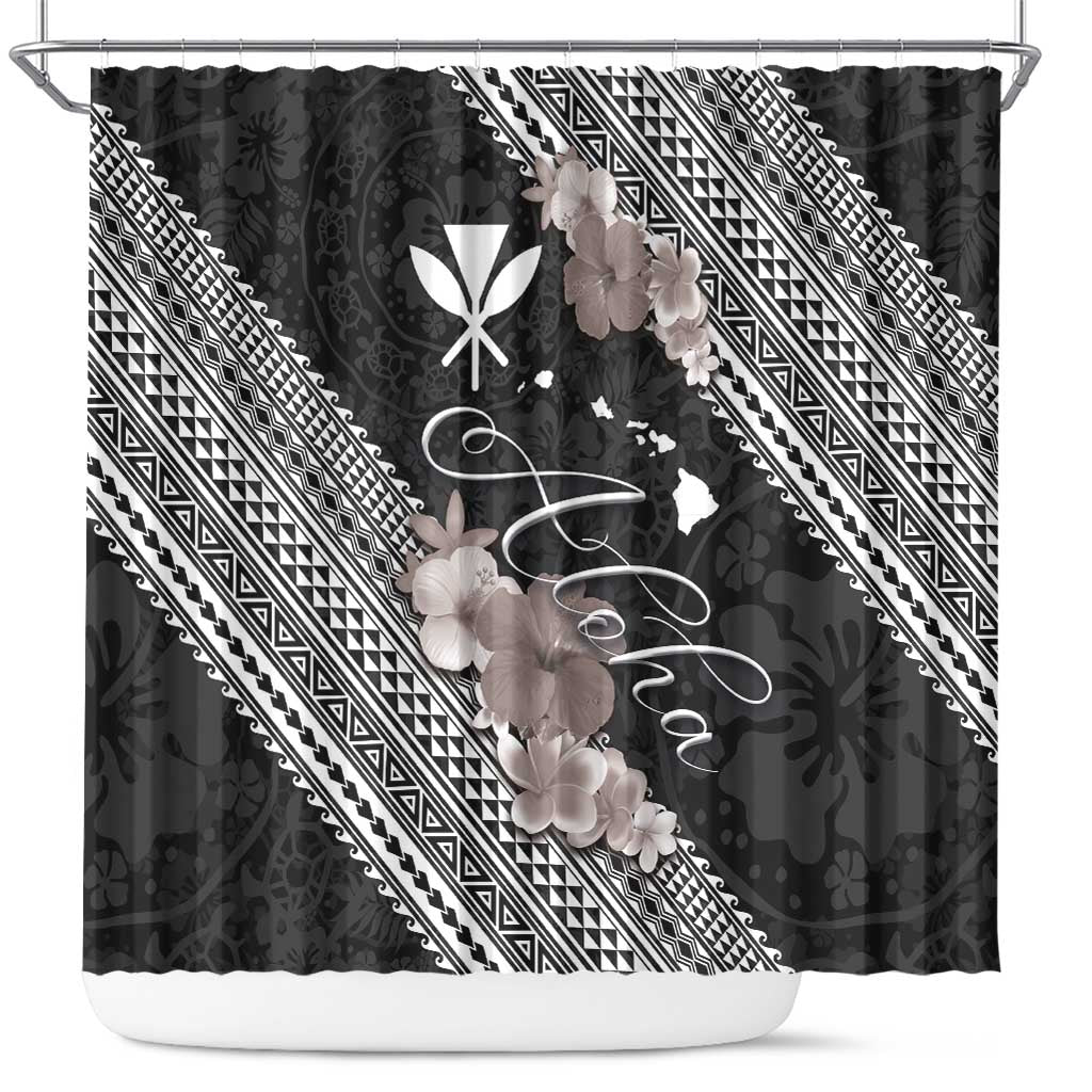 Aloha Hawaii Hibiscus and Plumeria Flowers Shower Curtain Kanaka Maoli Tattoo Polynesian Pattern Gray Color