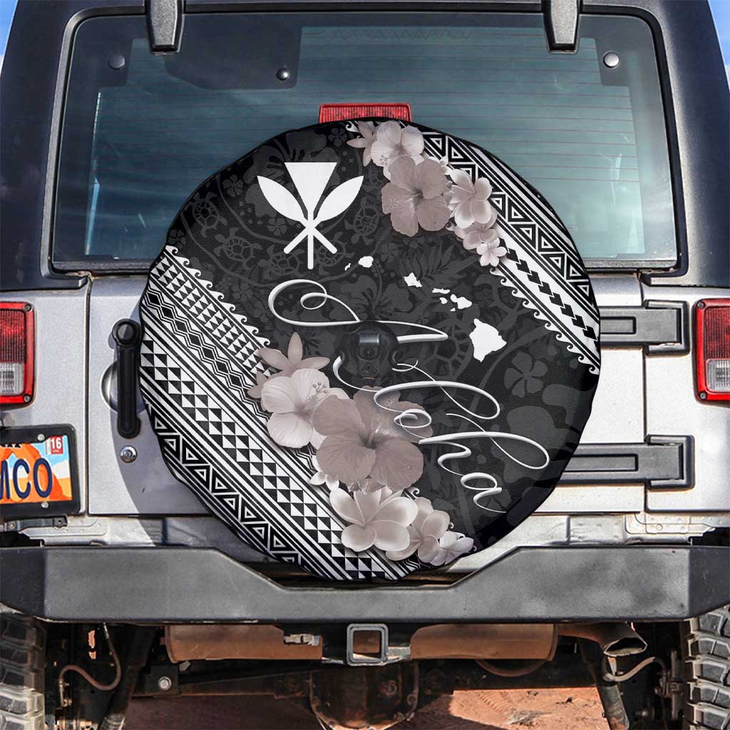 Aloha Hawaii Hibiscus and Plumeria Flowers Spare Tire Cover Kanaka Maoli Tattoo Polynesian Pattern Gray Color