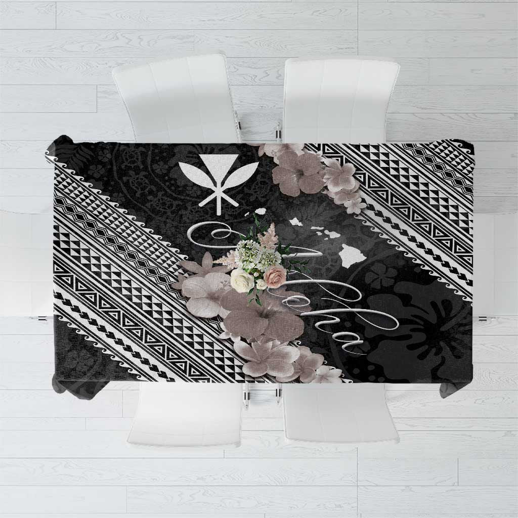 Aloha Hawaii Hibiscus and Plumeria Flowers Tablecloth Kanaka Maoli Tattoo Polynesian Pattern Gray Color