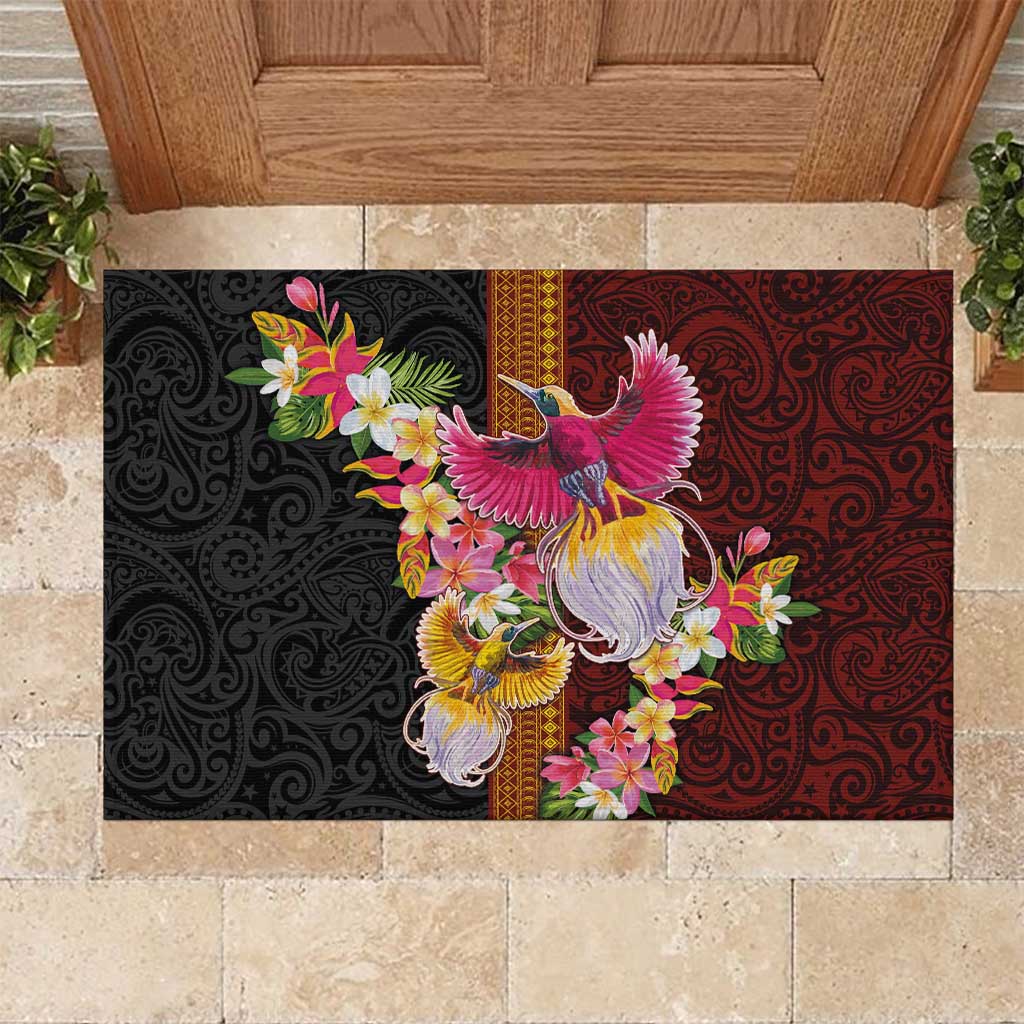 Papua New Guinea Birds and Frangipani Rubber Doormat Melanesian Art Tattoos LT03 Black - Polynesian Pride