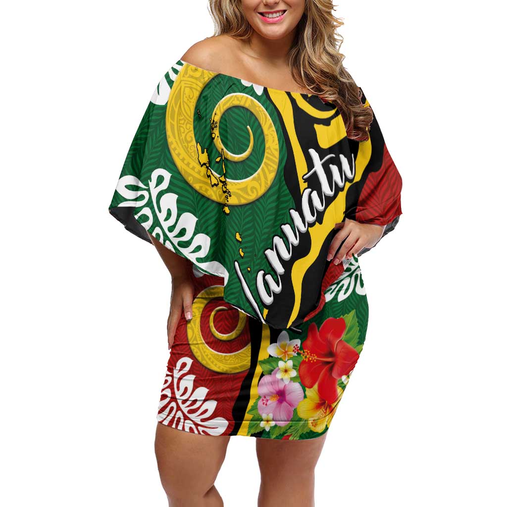 Melanesian Vanuatu Tribal Boar Tusk Off Shoulder Short Dress Tropical Plants and Namele Motifs LT03 Women Green - Polynesian Pride