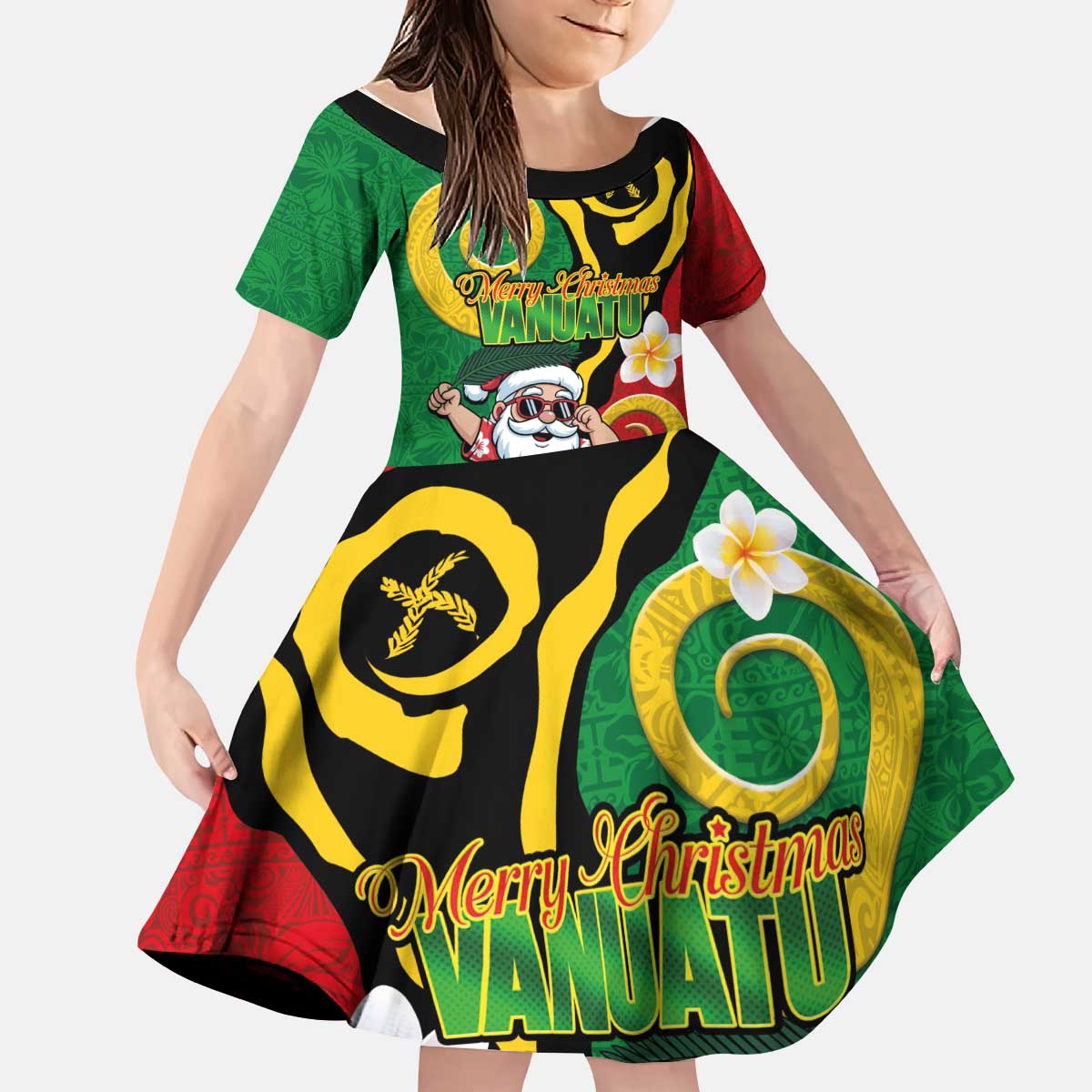 Vanuatu Christmas Kid Short Sleeve Dress Funny Santa with Namele and Boar Tusk Tribal LT03 KID Green - Polynesian Pride
