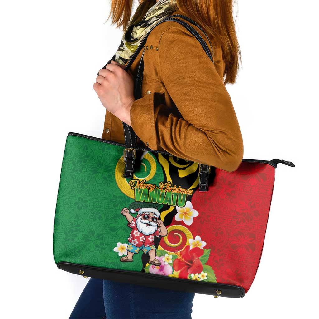 Vanuatu Christmas Leather Tote Bag Funny Santa with Namele and Boar Tusk Tribal LT03 Green - Polynesian Pride