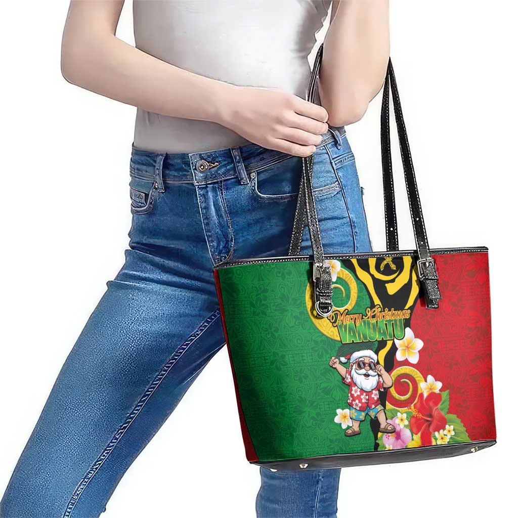 Vanuatu Christmas Leather Tote Bag Funny Santa with Namele and Boar Tusk Tribal LT03 - Polynesian Pride