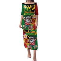 Vanuatu Christmas Puletasi Funny Santa with Namele and Boar Tusk Tribal LT03 Long Dress Green - Polynesian Pride