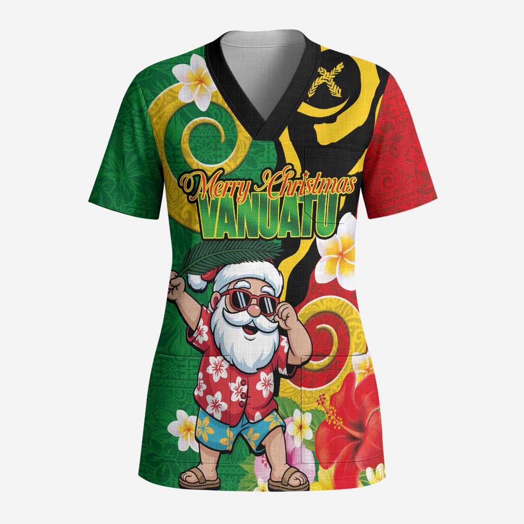 Vanuatu Christmas Scrub Top Funny Santa with Namele and Boar Tusk Tribal LT03 Adult Green - Polynesian Pride