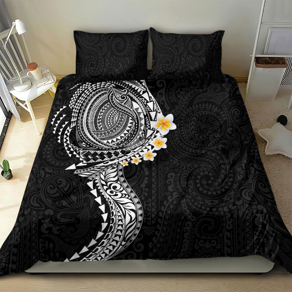 Hawaiian Tribal Tattoo and Plumeria Bedding Set Polynesian Pattern Black Color