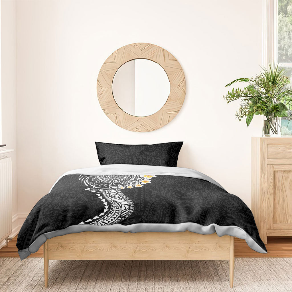 Hawaiian Tribal Tattoo and Plumeria Bedding Set Polynesian Pattern Black Color