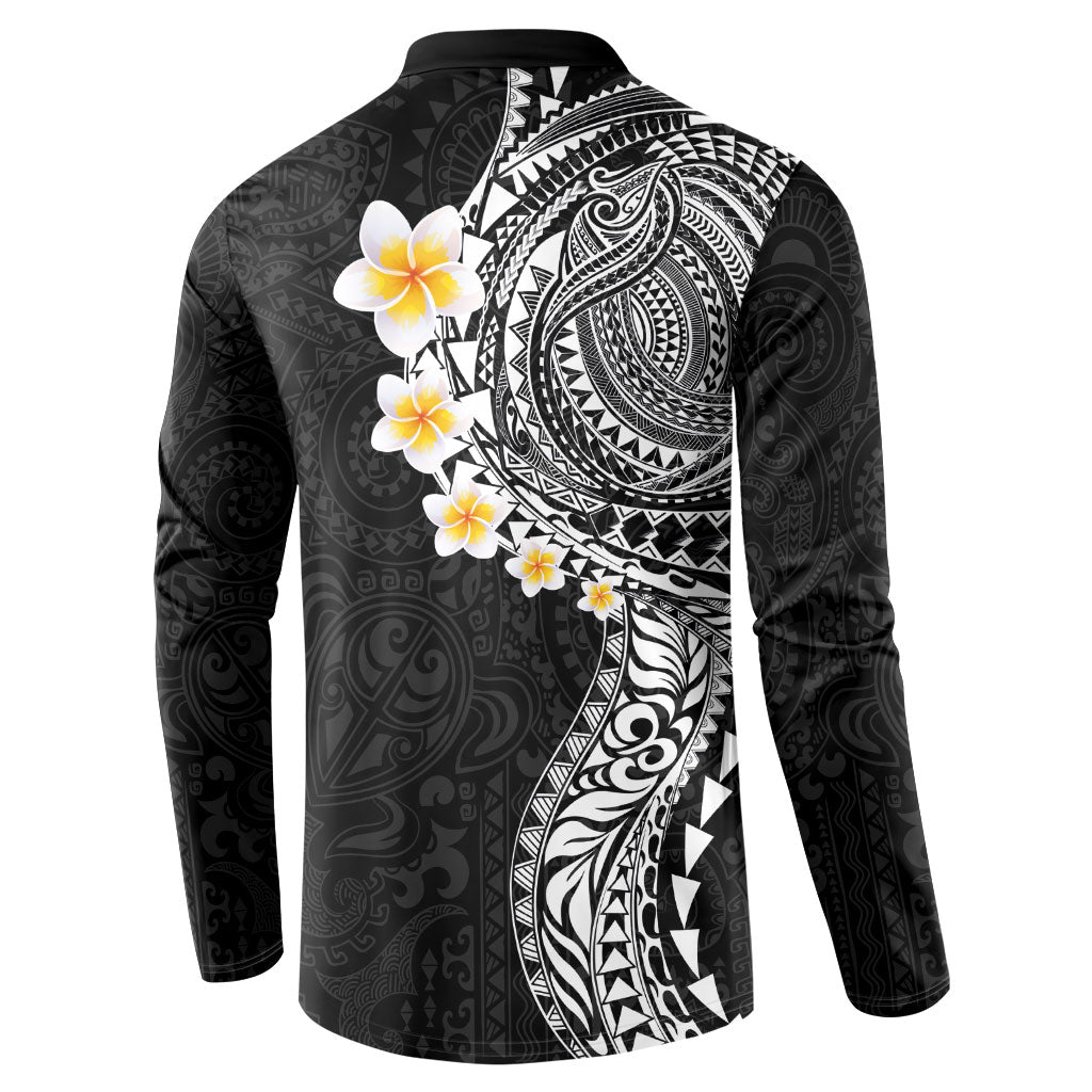Hawaiian Tribal Tattoo and Plumeria Button Sweatshirt Polynesian Pattern Black Color