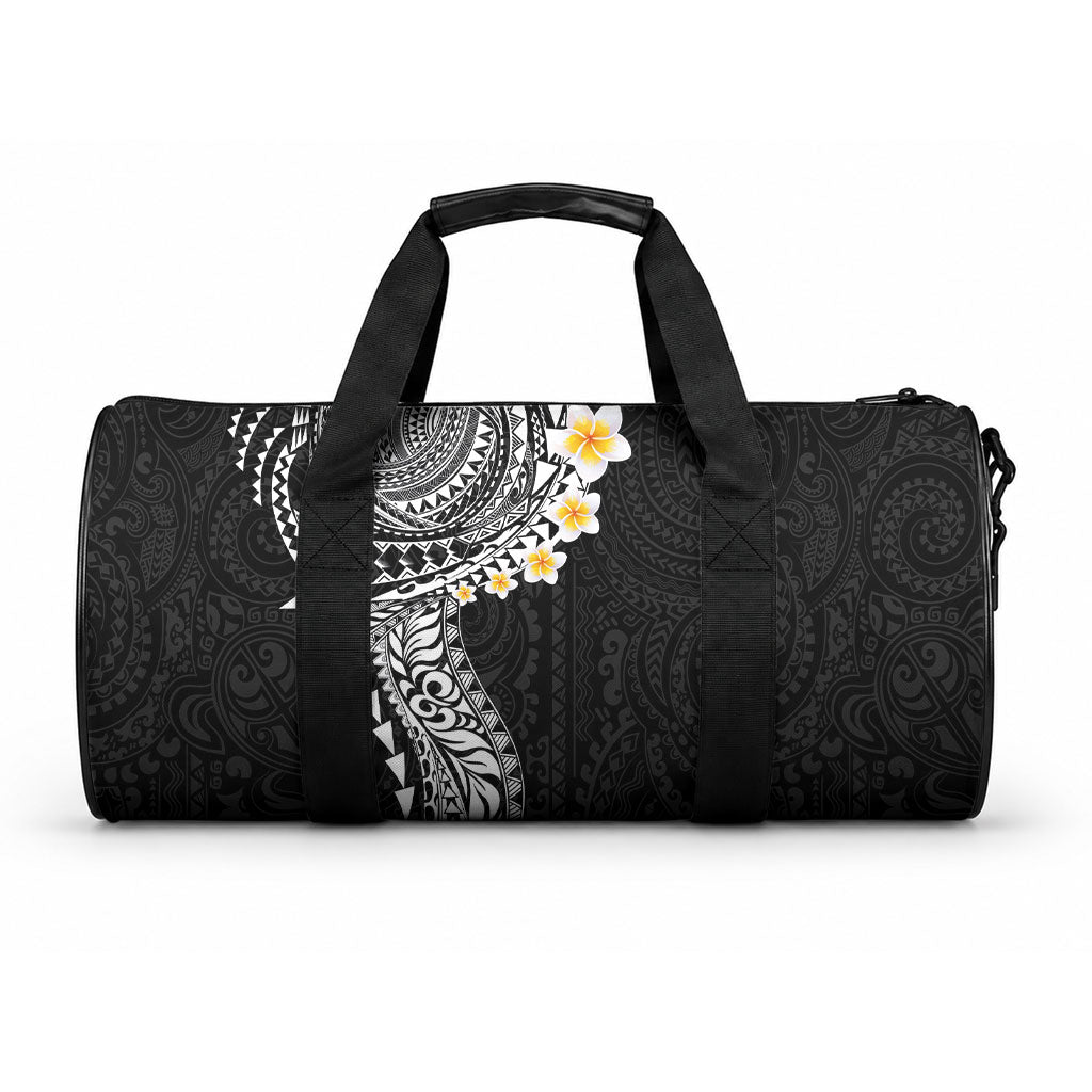 Hawaiian Tribal Tattoo and Plumeria Duffle Bag Polynesian Pattern Black Color