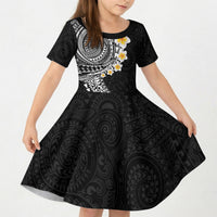 Hawaiian Tribal Tattoo and Plumeria Kid Short Sleeve Dress Polynesian Pattern Black Color LT03 KID Black - Polynesian Pride