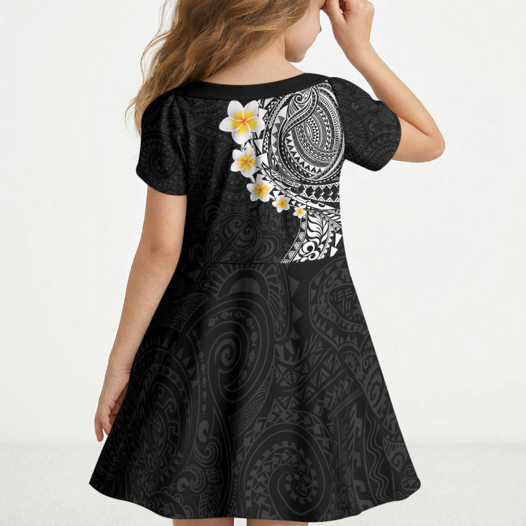 Hawaiian Tribal Tattoo and Plumeria Kid Short Sleeve Dress Polynesian Pattern Black Color LT03 - Polynesian Pride