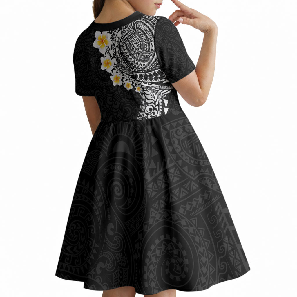 Hawaiian Tribal Tattoo and Plumeria Kid Short Sleeve Dress Polynesian Pattern Black Color LT03 - Polynesian Pride