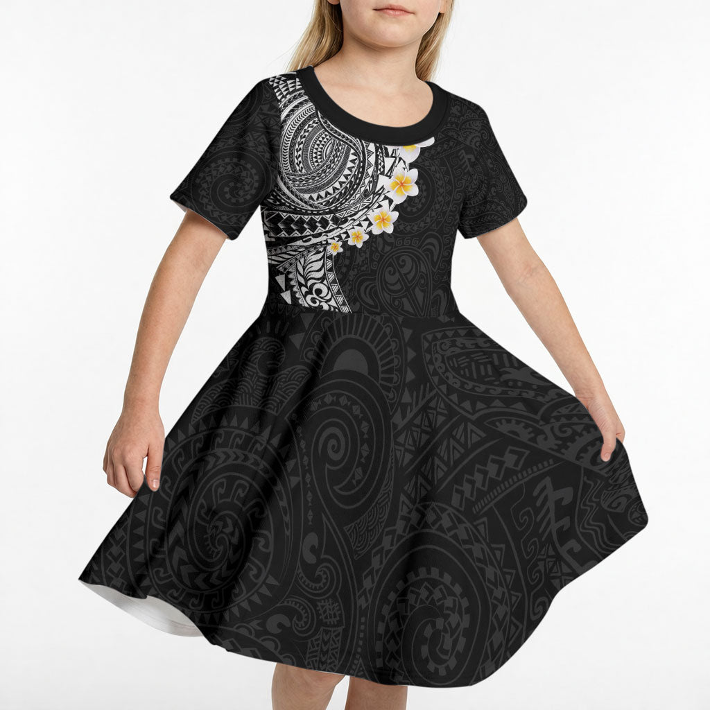 Hawaiian Tribal Tattoo and Plumeria Kid Short Sleeve Dress Polynesian Pattern Black Color LT03 - Polynesian Pride