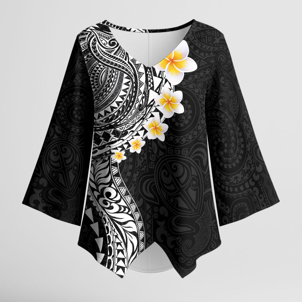 Hawaiian Tribal Tattoo and Plumeria Kimono Sleeve Blouse Polynesian Pattern Black Color LT03 Female Black - Polynesian Pride